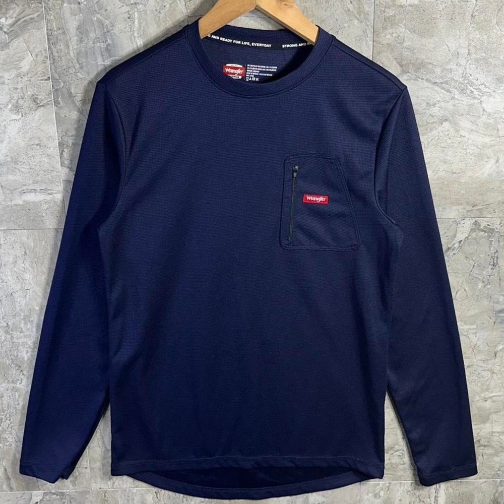 Men's Wrangler Navy Blue Waffle Long Sleeve Tee M with Red Logo Pocket #workwear